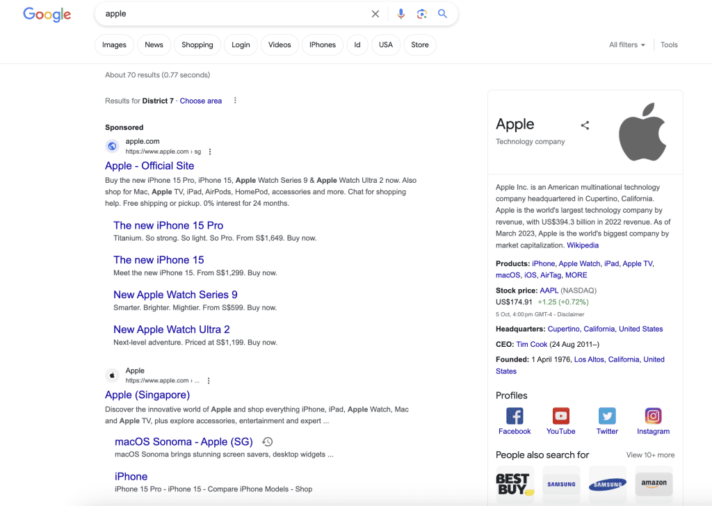 Apple website consistently ranks at the top of search results